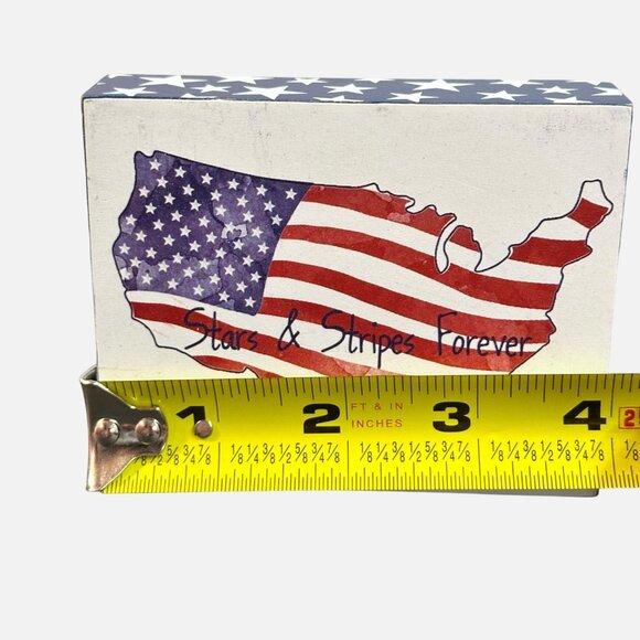 Patriotic Wooden Block Sign 4in USA Map Stars Stripes Shelf Decor Americana USA - Picture 8 of 16